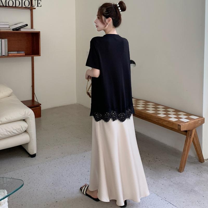 MODIQUE Summer Plus Size New Women Loose Elegant T-Shirt Lace Silk Skirt Patchwork Long Dress Female Short Sleeve O-Neck Dresses