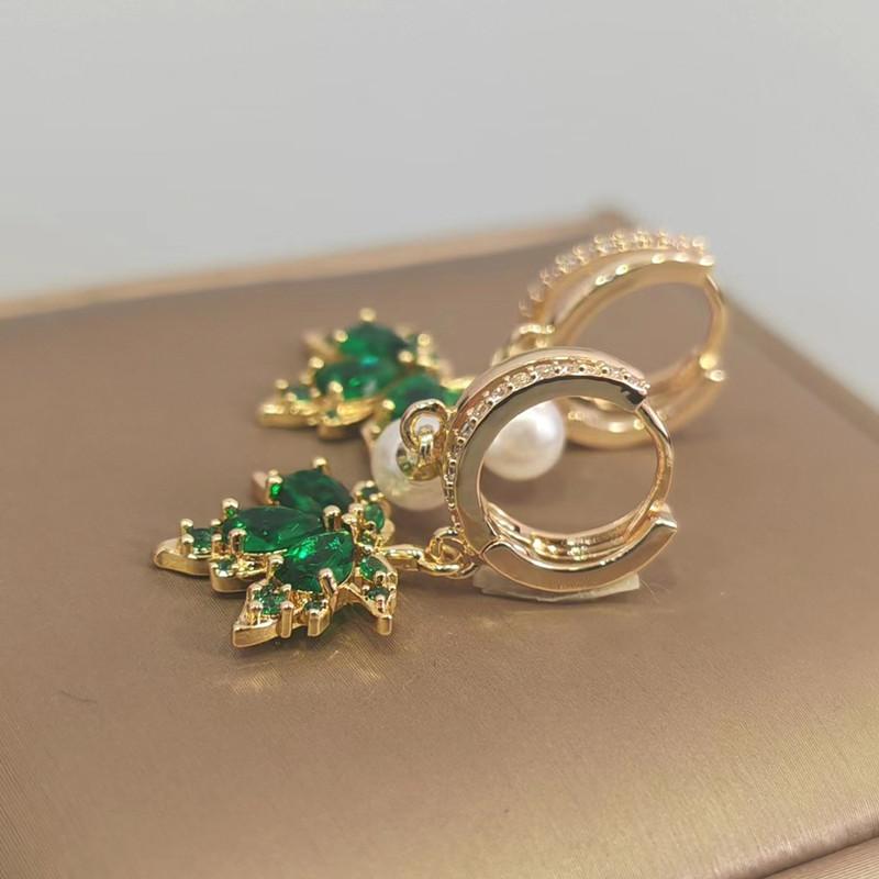 Женские серьги-подвески с зеленым цирконием и кленовым листом, новинка 2023 года, модные ювелирные аксессуары для свадебной и помолвочной вечеринки