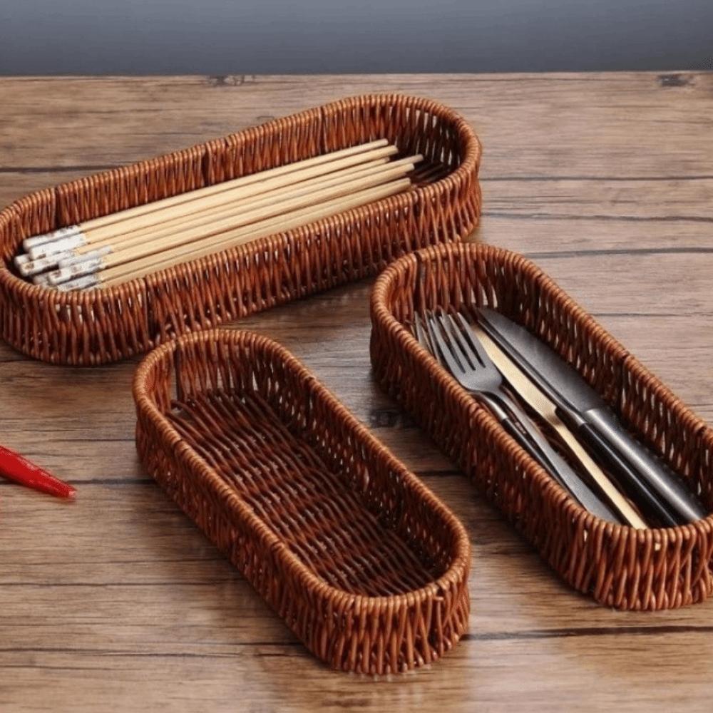 Oval Shape Tableware Storage Basket Retro Plastic Faux Wicker Tray Decorative Minimalist Desk Shelf Baskets Dining Room