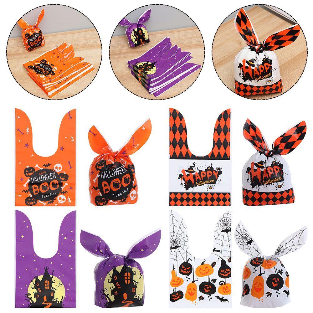 50Pcs Bat Pumpkin Halloween Decoration Cookie Bag Rabbit Ear Halloween Candy Bags Baking Packaging