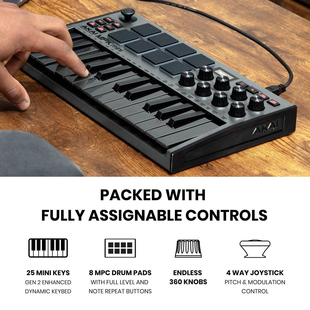 Akai Professional MIDI-клавиатура Контроллер Mini 25-клавишный USB Velocity Sensitive 8 Drum Pad Программное обеспечение для создания музыки MPK mini mk3 Gray