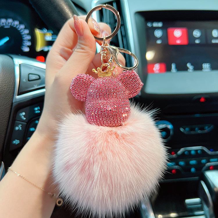 Luxurious Diamond-Studded Bear Keychain with Real Fox Fur - Stylish Accessory and Thoughtful Gift