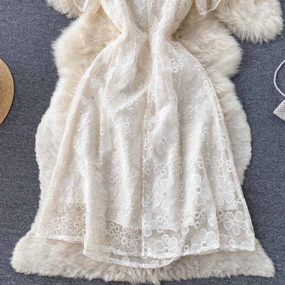 Women Fashion Mesh Flower Embroidery Luxury Beading Party Dinner Dresses Lady Elegant Retro V-neck Midi Evening Sundress