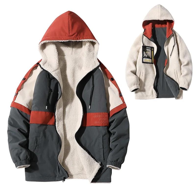 Осенне-зимняя новая куртка большого размера из овечьей шерсти с двух сторон для ношения на хлопковой подкладке, модная лоскутная куртка плюс флисовое толстое пальто, мужская одежда