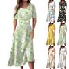 Ladies Casual Fashion Gradient Print V-Neck Short Sleeve Waist Long Swing Dress