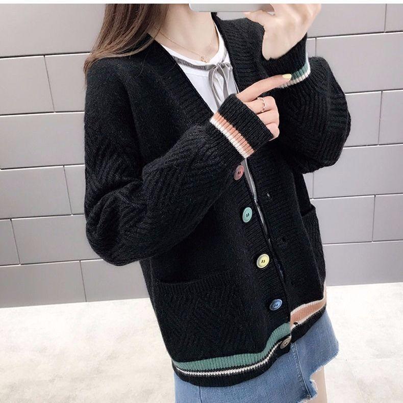 2025 Весна и осень Новый свободный V-образный вырез ромбовидной сеткой вязаный кардиган женская куртка вязаный свитер верхняя женская одежда