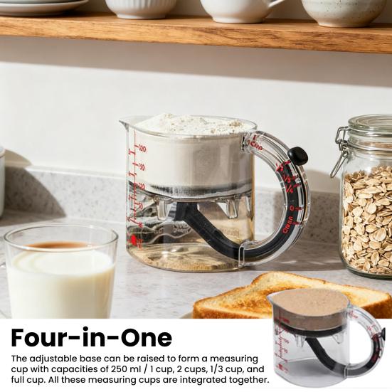 Мерный стакан 4-в-1 с регулировкой и краями-скребками. Многофункциональный кухонный аксессуар для выпечки и готовки.