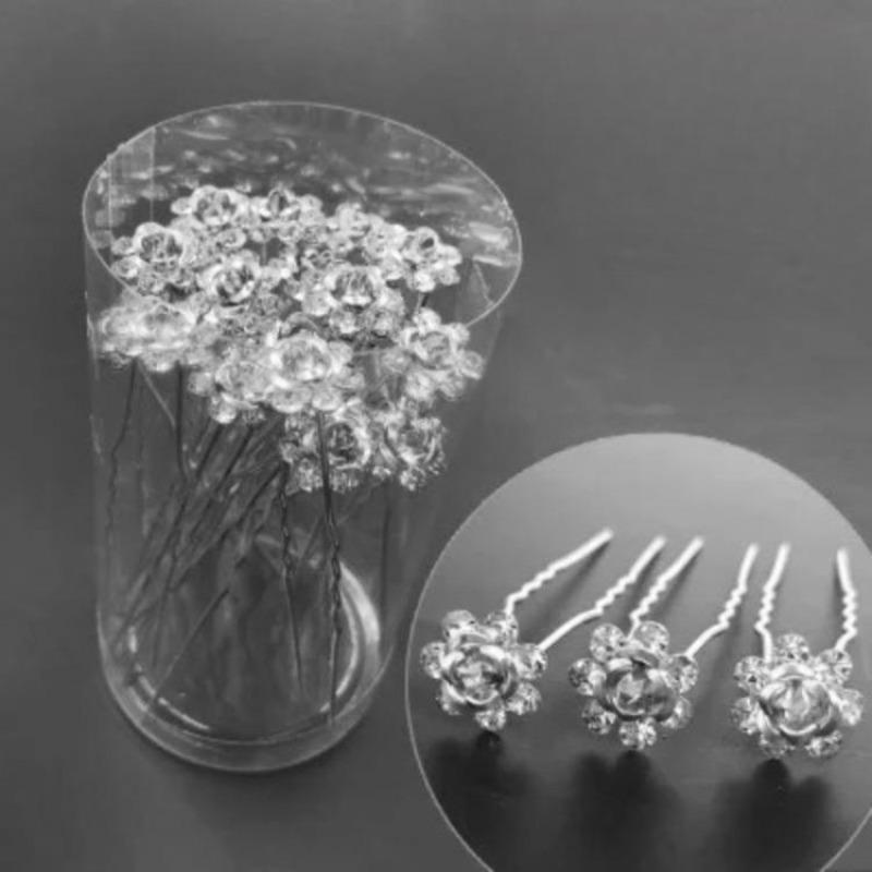 20pcs/set Women U-shaped Hair Fork Pin Crystal Rose Flower Hairclips Rhinestone Hair Stick Wedding Bridal Jewelry Headwear Gift