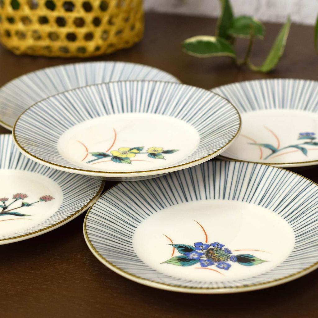 Waza no Kura Plate Set: Stylish Kutani Ware Medium Plates (5-Piece Set) with Five Flowers Design. High-Quality Japanese Dinnerware. Made in Japan. A P