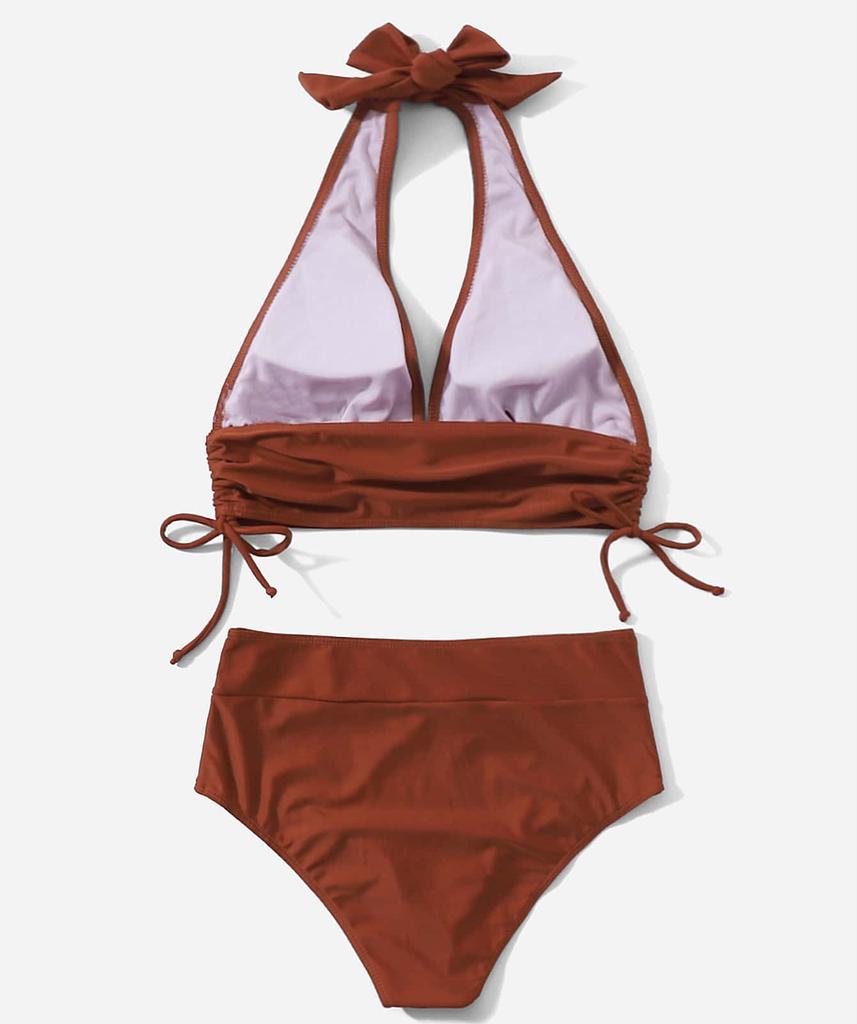 Sexy Women's Swimsuit Solid Color Halter Neck Drawstring High Waist Bikini Set Beachwear Bathing Suits