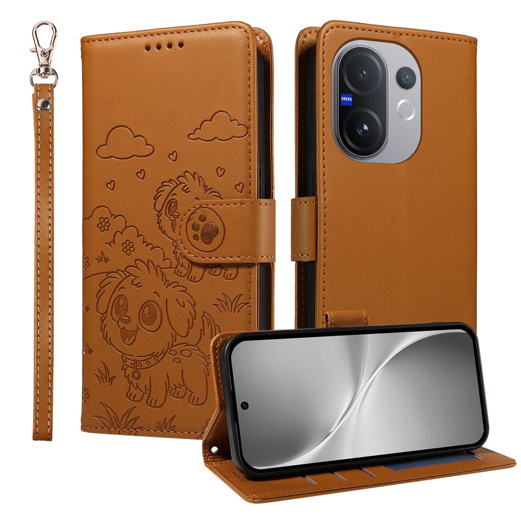 Чехол для vivo V60 5G с блокировкой RFID, с тисненым узором собаки, из ПУ кожи, чехол для телефона с ремешком на запястье