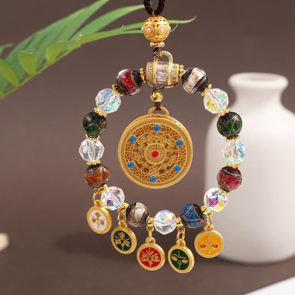 Tibetan Wealth God Zhakila Lhamo Incense Ash Glass Pendant - Five Directions Car Charm, Metal Retro Style