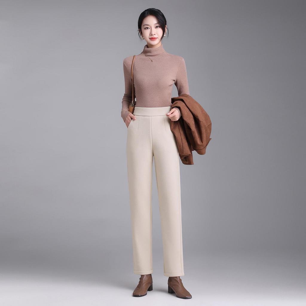 Женские черные кашемировые брюки с флисовой подкладкой, с высокой посадкой и широкими штанинами: Похудение, Универсальный, Зимняя повседневная одежда