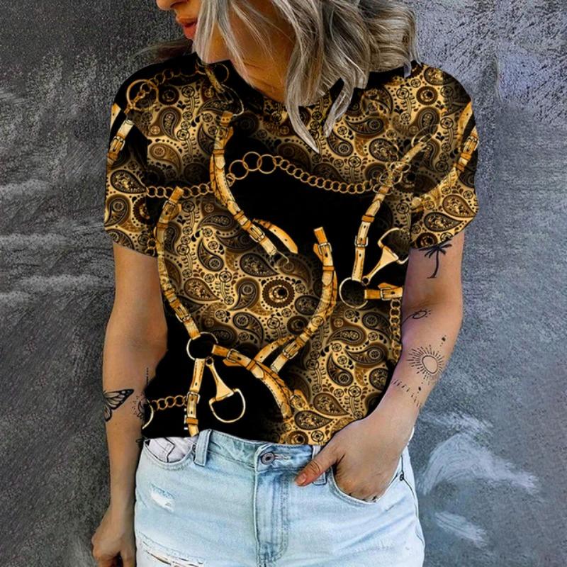 Женская футболка с принтом в стиле ретро с золотым ожерельем Футболка с модной популярной одеждой Футболка большого размера Летняя женская футболка с круглым вырезом