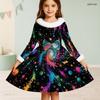 Girls Black Galaxy Printed Furry Trim Long Sleeve A Line Flared Dress