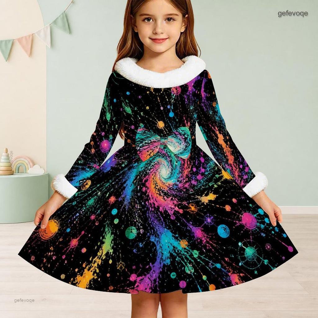 Girls Black Galaxy Printed Furry Trim Long Sleeve A Line Flared Dress