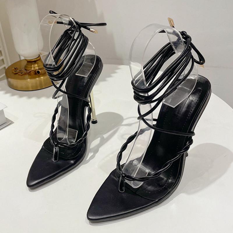 Женские модные сандалии-гладиаторы на каблуке с ремешками, сексуальные свадебные туфли с острым носком и узкой полосой на шпильке, вечерние свадебные туфли красного цвета