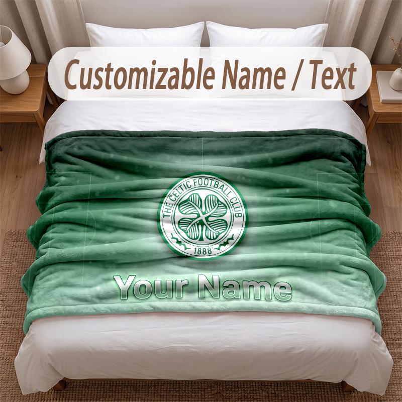 Celtic FC Printed Flannel Blanket Custom Name Text Soft Warm Throw For Bedroom Holiday Gift