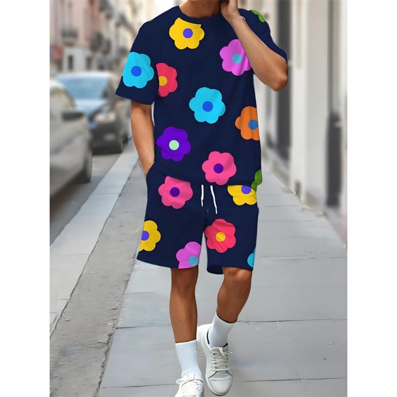 Комплект из 2 предметов: летние повседневные мужские шорты с коротким рукавом, гавайский принт, мужская футболка, спортивные мужские пляжные шорты для активного отдыха