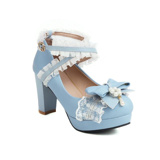 Новая весенняя женская обувь размера плюс 22–28 см, милые банкетные туфли в стиле Лолиты на высоком массивном каблуке с жемчугом и бантом с пряжкой и крестом.