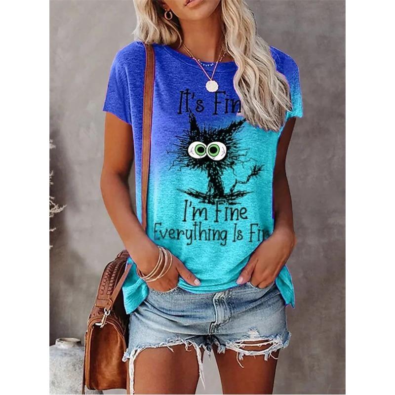 Women's 3D Animal Letter Print Casual Loose Round Neck T Shirts