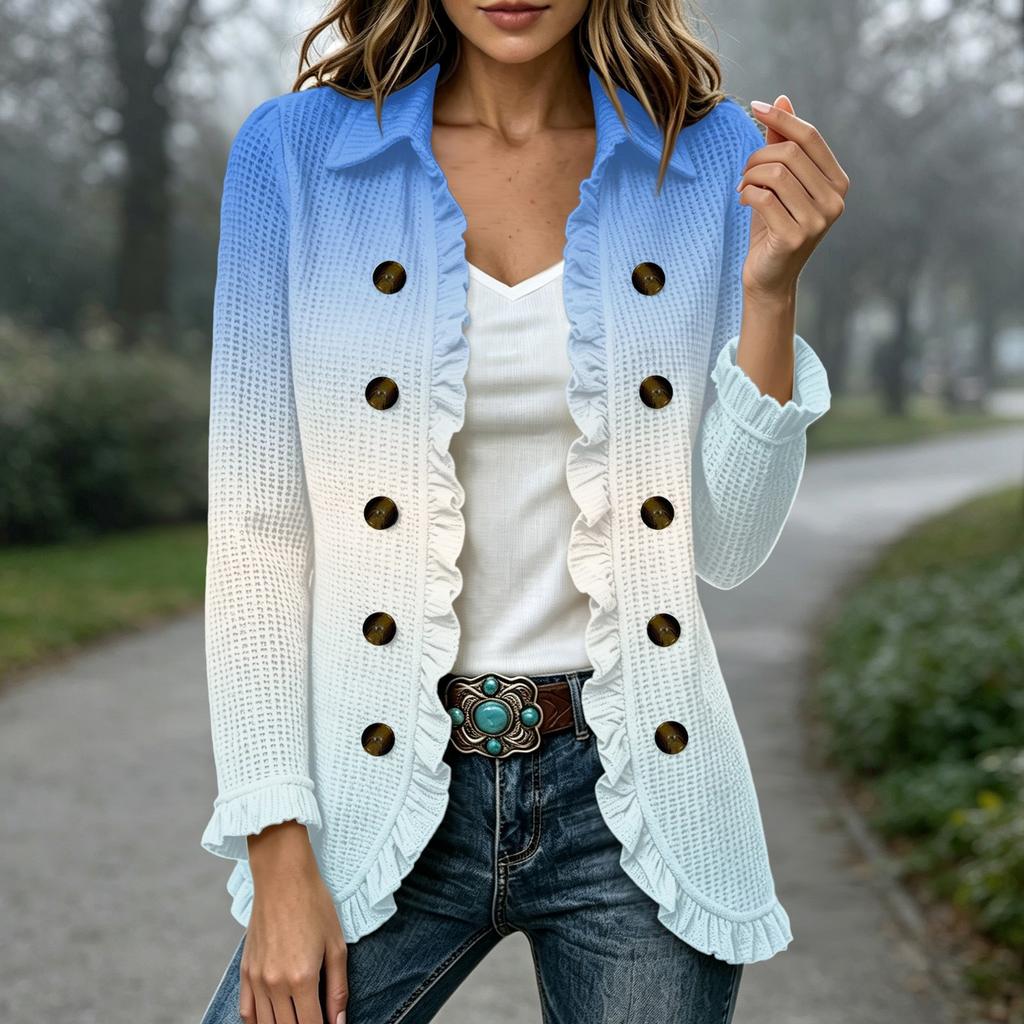 Women's Fashion Gradient Print Long Sleeve Ruffle Open Front Cardigan Lightweight Layering Jacket