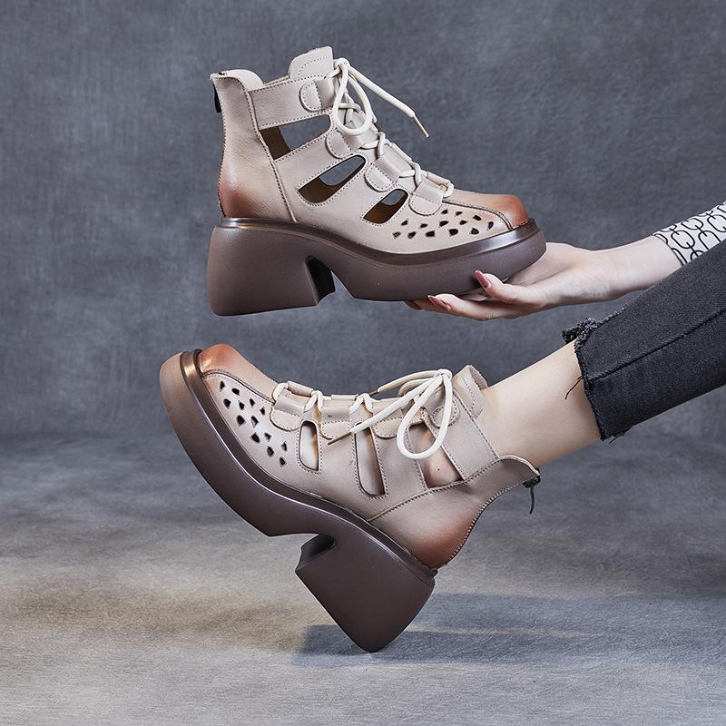 Женские ретро-римские сандалии из коровьей кожи: Коллекция лета 2024 г. — толстая подошва, ажурный дизайн, сетчатый стиль сапог