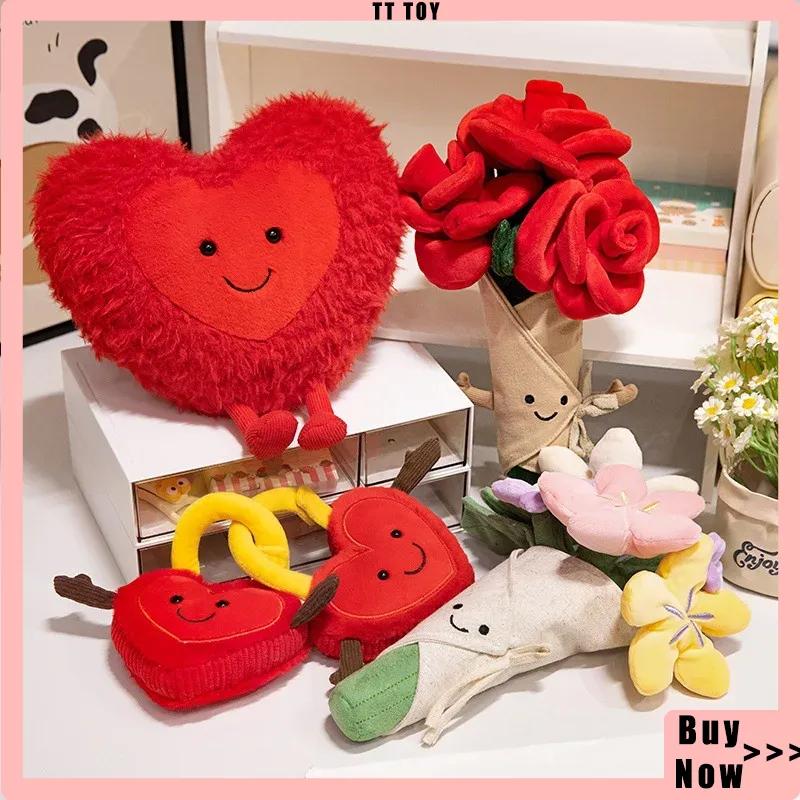 Cartoon Heart Plush Toy Rose Bouquet Plush Lock Heart Desktop Ornament Room Decoration Cute Toy Hug Pillow Girl Gift Collectible