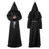 4Pcs/Set Halloween Cloak Costume Medieval Monk Robe Wizard Cosplay Dance Fabric Cape with Strong Drape Big Hat Necklace Waist Rope