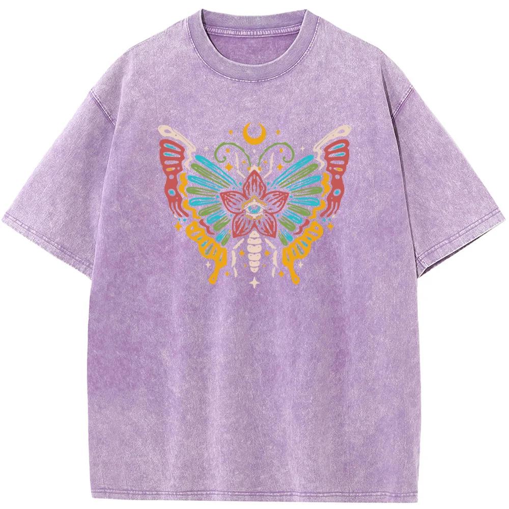 Женская футболка с коротким рукавом Butterfly Moon, выбеленная футболка, модная свободная выстиранная футболка, хлопковая выбеленная футболка