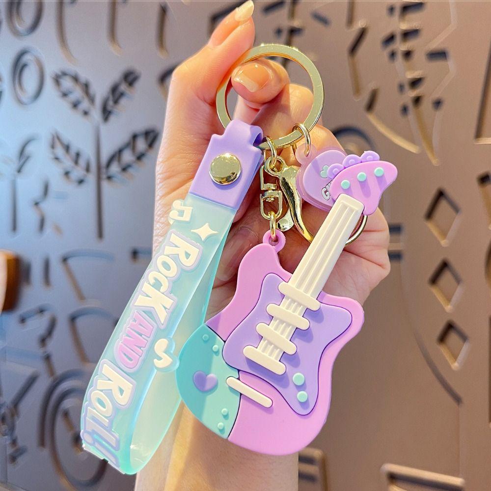Fashion Guitar Key Chain Cute Musical Instrument Keychain Sweet Guitar Keyring  Car Key Ornament