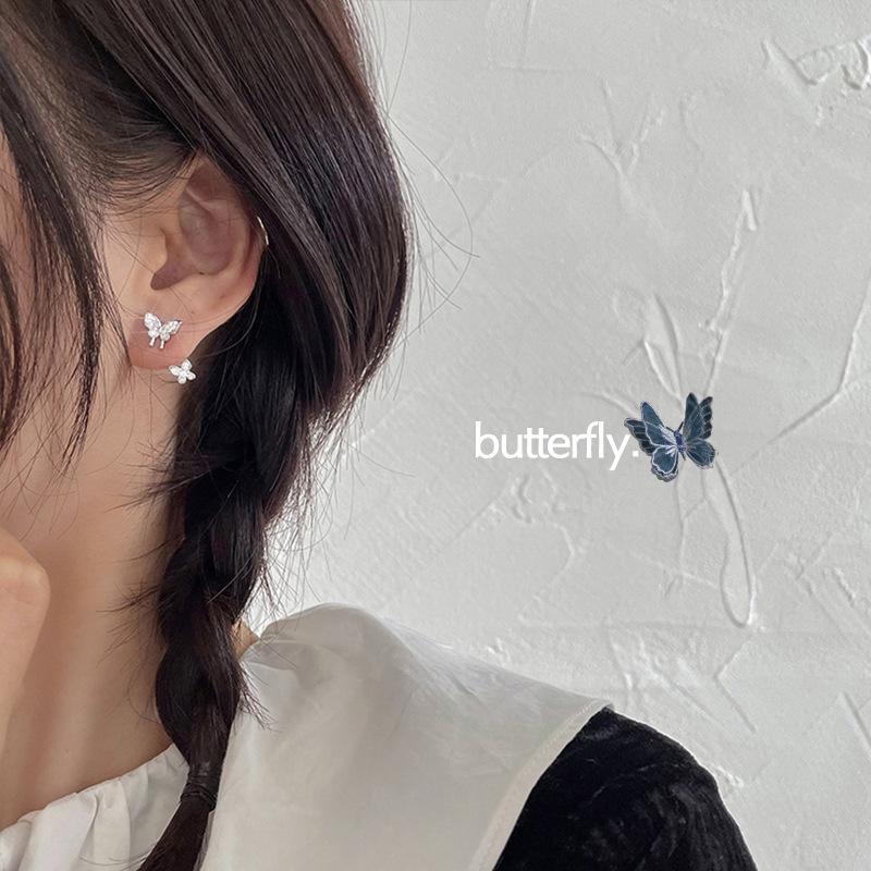 Серьги-гвоздики в форме бабочек из стерлингового серебра 925 пробы, женские корейские темпераментные изысканные серьги-гвоздики с нишевыми подвесками из циркония