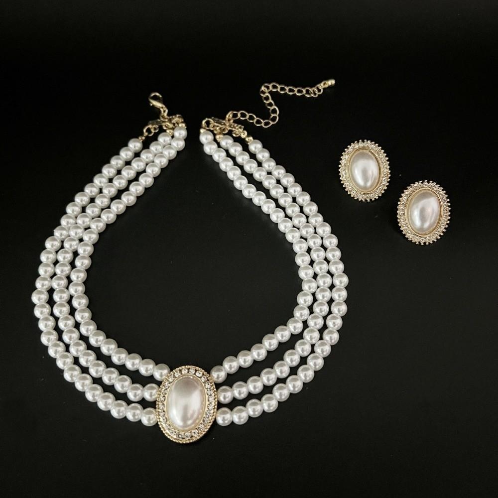 Elegant Pearl Necklace Earrings Set Multi-Layers Wedding Choker Necklace Collarbone Chain Gifts