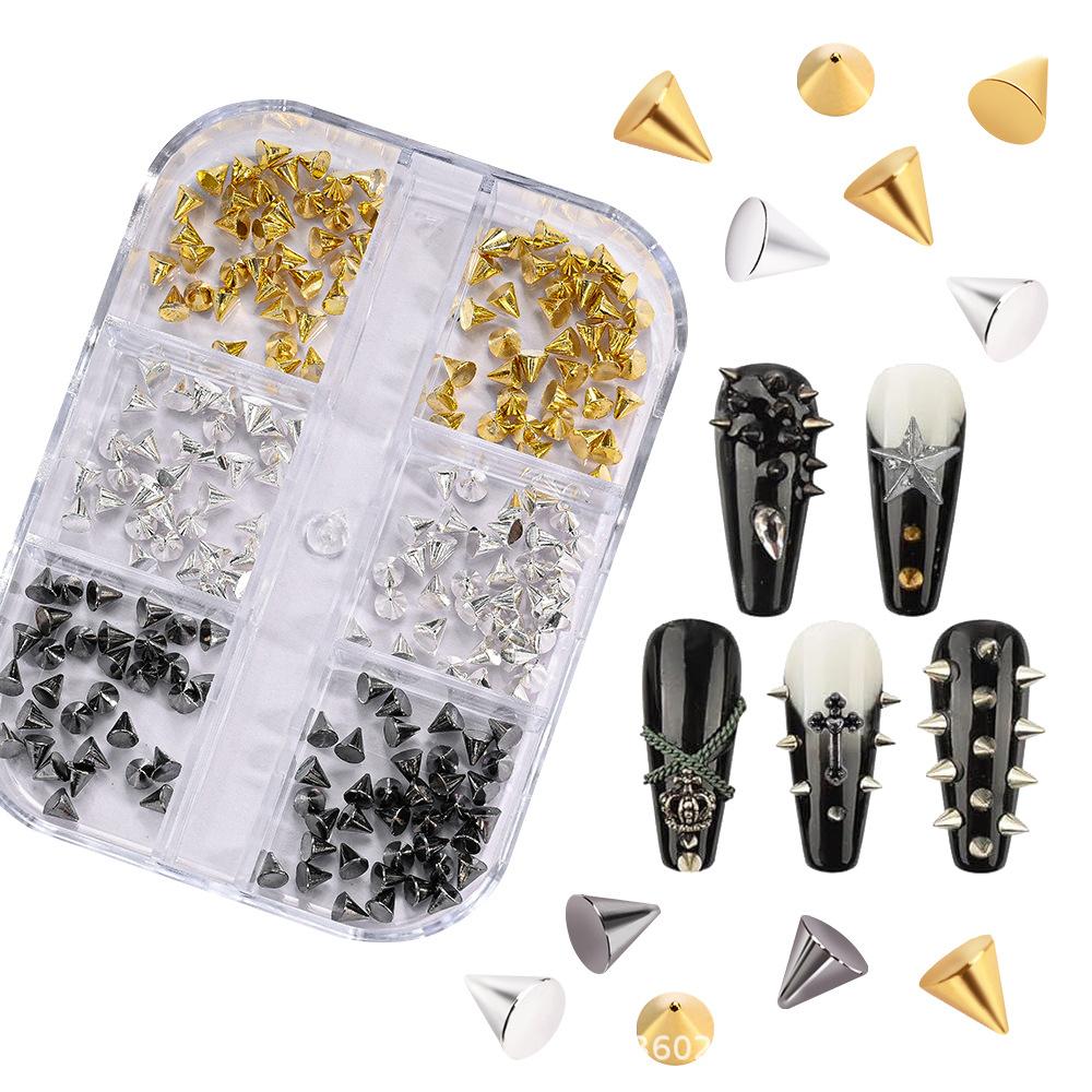 6 Grid Gold Silver Rivets Alloy Nail Art Studs Gothic Punk Cone Wearable Mini DIY Decorations