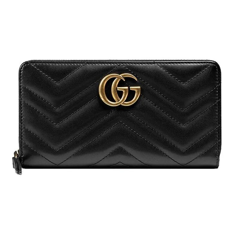Gucci Коллекция GG Marmont Кошелек женский из стеганой синтетической кожи с длинной молнией и золотым логотипом Marmont, черный