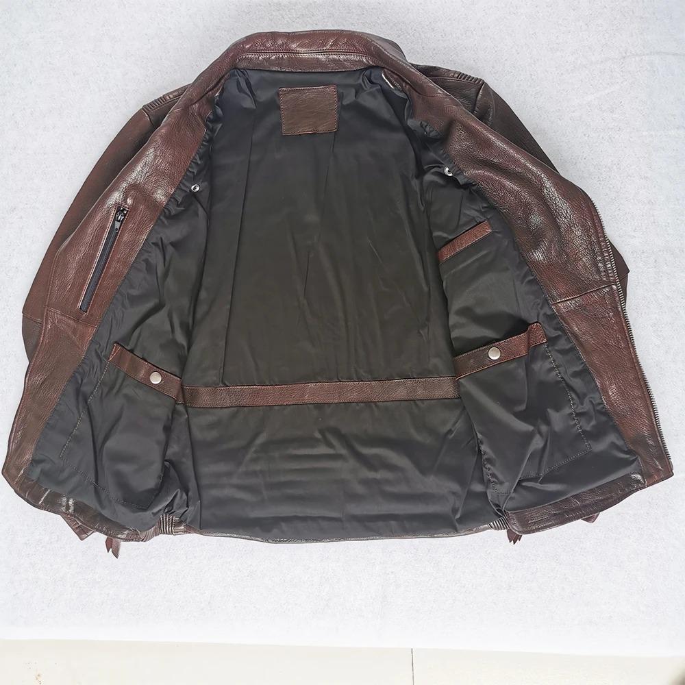 Chinese Size Unique Army Green Motorcycle Jacket Men Leather Jacket 100% Oil Wax Cowhide Motor Biker Jacket Male Leather Coat Winter M455