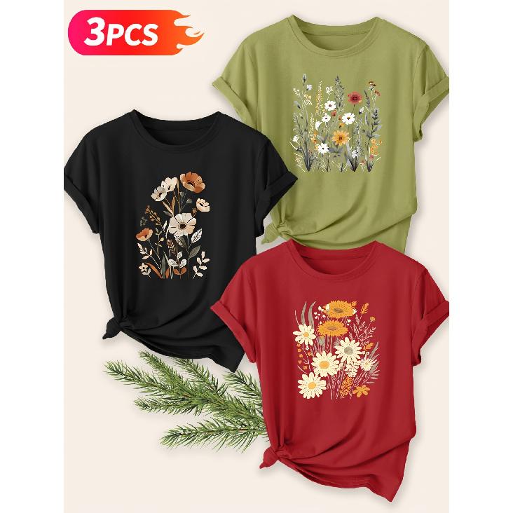 Three-piece set Elegant short-sleeved shirt for women Vintage Daisy Wildflower Print Round Neck Women's T Shirt Suitable for spring