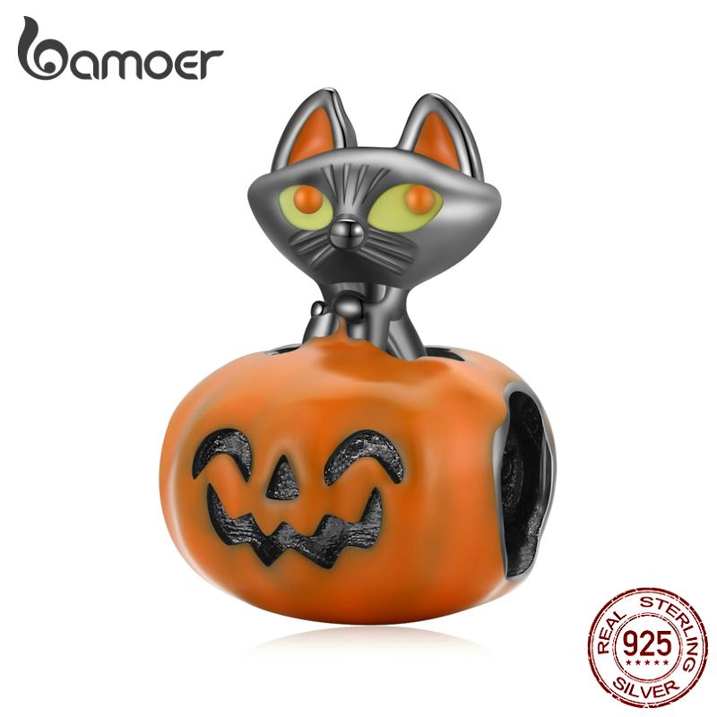 BAMOER, стерлинговое серебро 925 пробы, эмаль, Хэллоуин, смайлик, тыквы и игривый черный кот, очаровательные бусины для женщин, ювелирные украшения