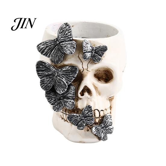 Halloween Gift Idea Gothic Skull Pen Holder, Spooky Butterfly Makeup Brush Desk Organizer Organizer, Desktop Pencil Cup for Home Office Decor