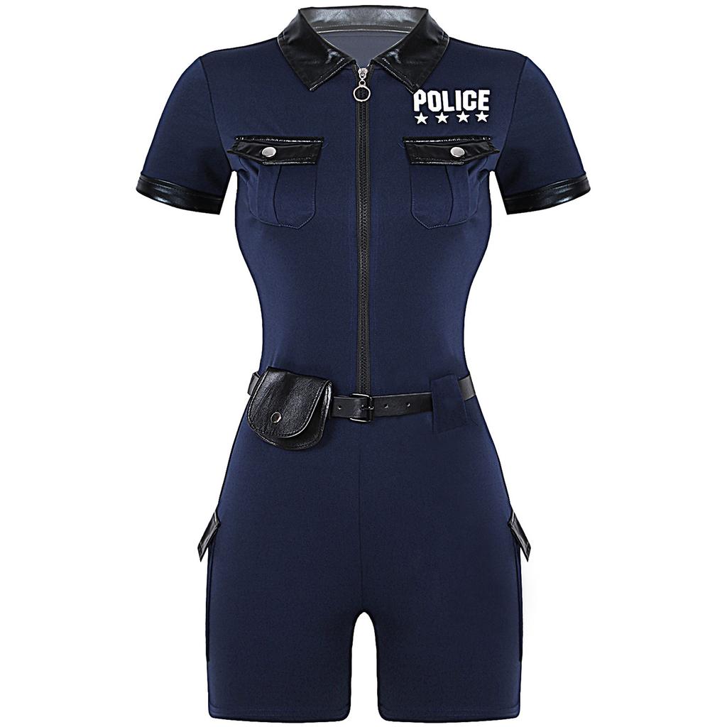 Женский грязный коп полицейский нарядный костюм комбинезон с короткими рукавами на молнии спереди с поясом и сумочкой полицейская форма костюм