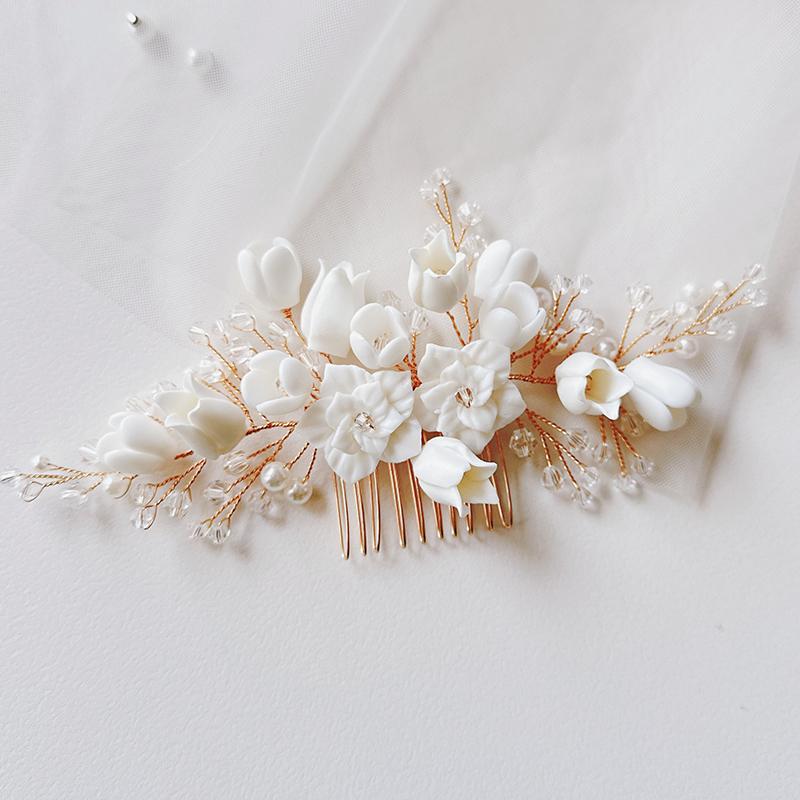 Stock Ceramic Flower Blossom Bridal Hair Comb Clay and Crystal Decorated Hair Accessories for Weddings