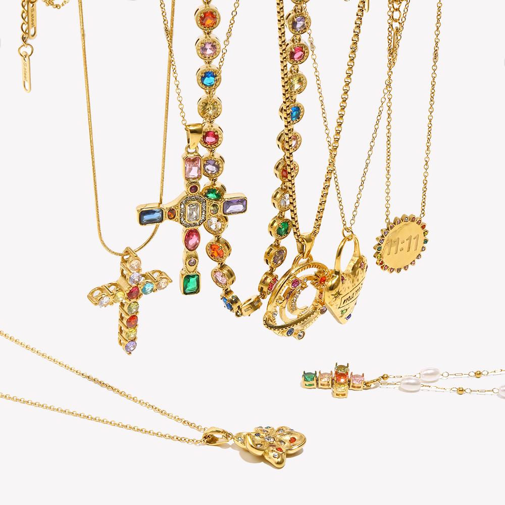E.B.belle Stainless Steel Colorful Rhinestone Pendant Charms Necklace 18K Gold Plated Tarnish Free Women's Jewelry