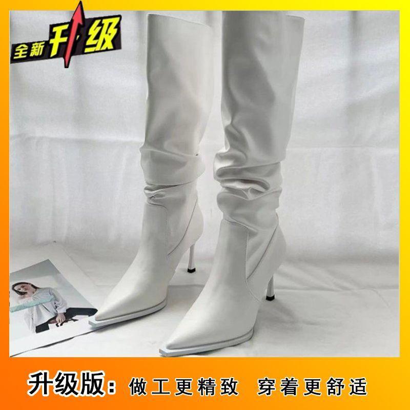 Тонкий каблук, ботинки с высоким голенищем, женские 2025, осень и зима, новые, остроносые, со складками, ботфорты до колена