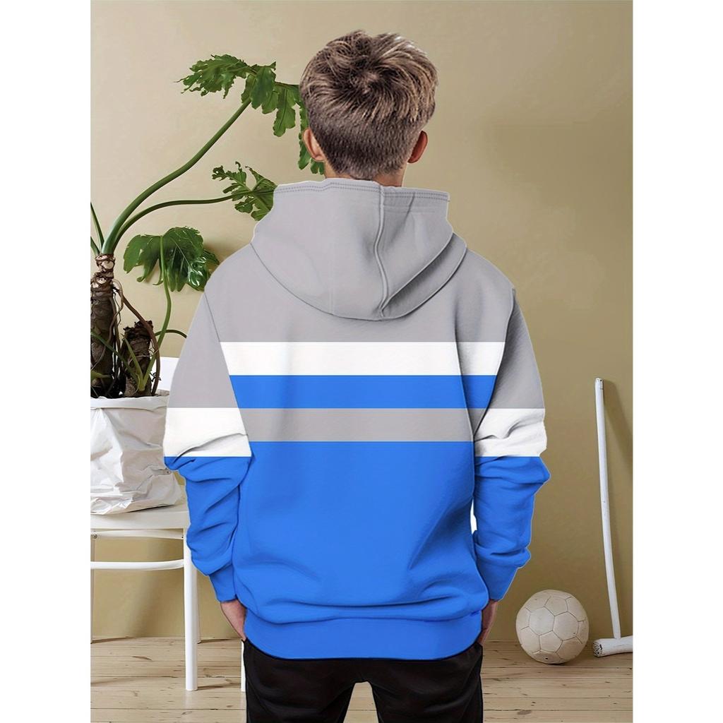 Толстовка с капюшоном для мальчиков в стиле колор-блок с простым дизайном горного узора в серых, синих и белых полосках