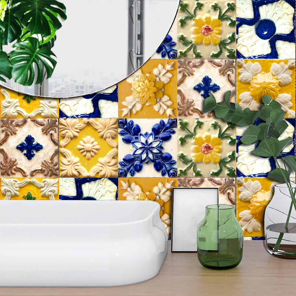 10pcs Flat Rustic Retro Tiles Wall Sticker Kitchen Backsplash Wardrobe Bathroom Glass Waterproof Self-adhesive Art Wallpaper