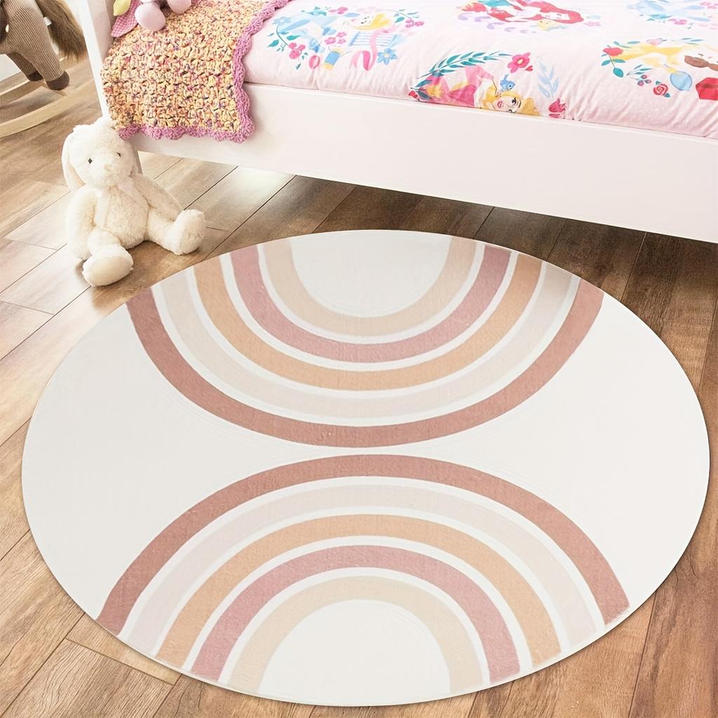 Bohemian Rainbow Round Rug, Soft Polyester TPR, Washable & Non-Slip, Striped Pattern, for Living Room/Bedroom