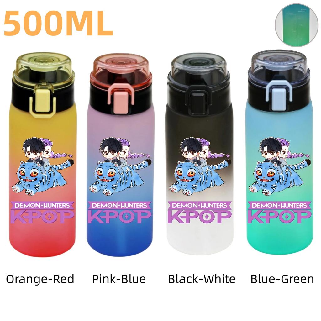 500ML KPop Demon Hunters Plastic Anime Water Cup Has Scale Travel Office Gym Hiking Portable Drink Bottles Outdoor Sport Gifts