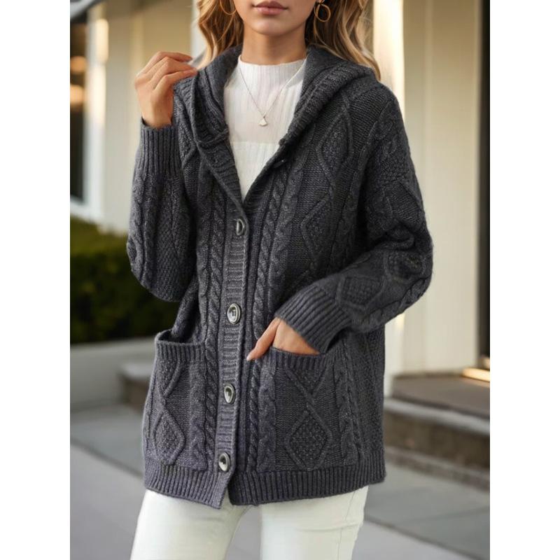 Tooxika Женская одежда 2024 Осень и зима Новый ретро жаккардовый однотонный вязаный кардиган женский повседневный свитер с капюшоном куртка