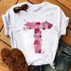 26 Letters Print T-Shirt Alphabet with Pink Flower Harajuku White Graphic Tee Casual Short Sleeve Lady Y2k Tops Women's Clothing