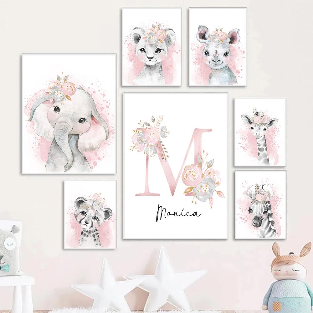Personalized Canvas Painting For Nursery Customized Wall Art Poster And Prints Pink Flower Animals Elephant Lion Pictures Decor